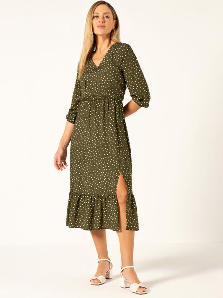 Vestido Longuete em Viscose Estampada Verde Militar Ieda