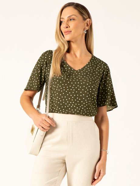 Blusa em Viscose Estampada Verde Militar Isolde