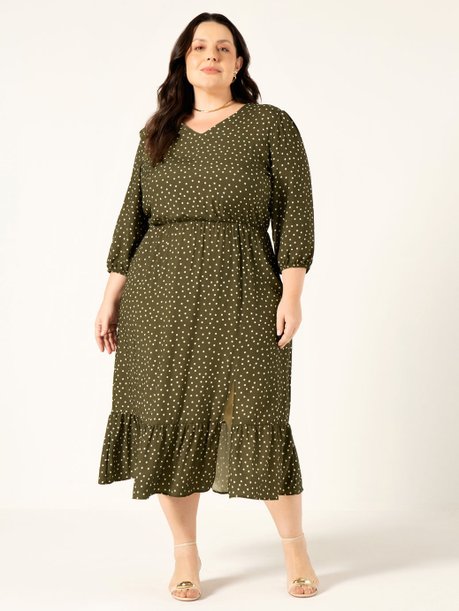 Vestido Longuete em Viscose Plus Size Verde Militar Ieda
