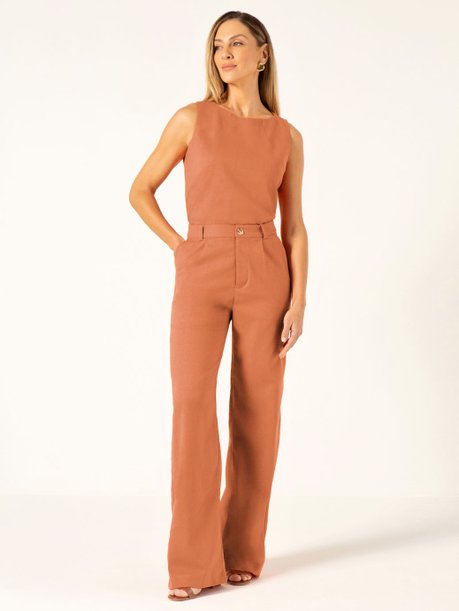 Calça Wide Leg de Linho Laranja Hadassa