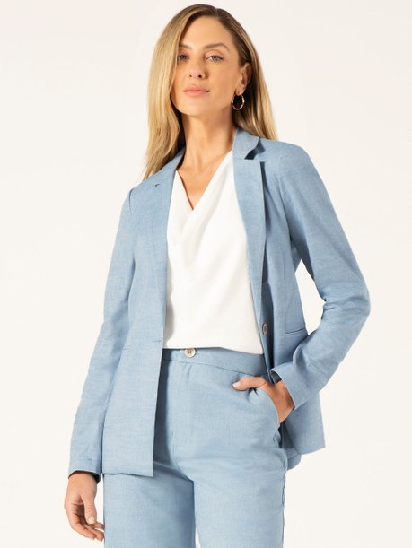 Blazer Intermediário em Oxford de Algodão Azul Claro Josefina