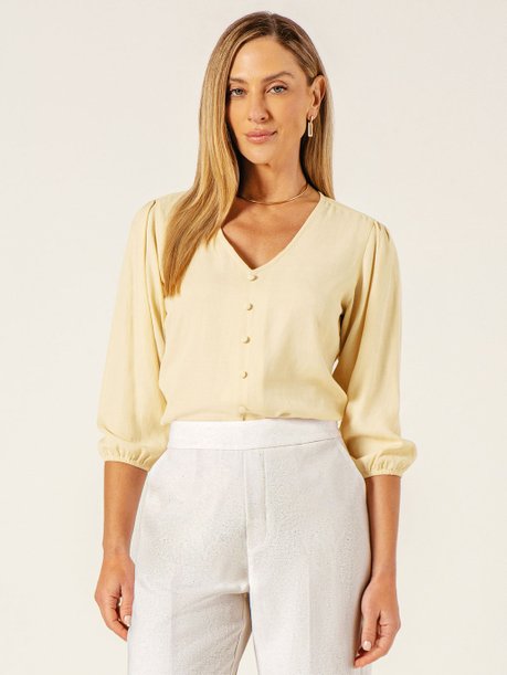 Blusa Manga 7/8 com Decote V e Botões Forrados Decorativos Juliana
