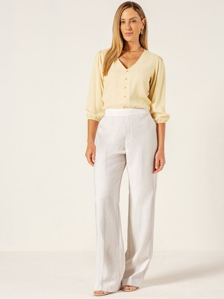 Calça Wide Leg em Viscose Fluid com Linho Off White Julienne