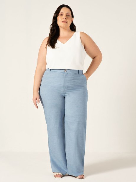 Calça Wide Leg em Oxford de Algodão Plus Size Azul Claro Jordane