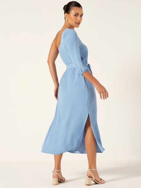 Vestido Maxi Longuete em Crepe Texturizado Azul Claro Josiane
