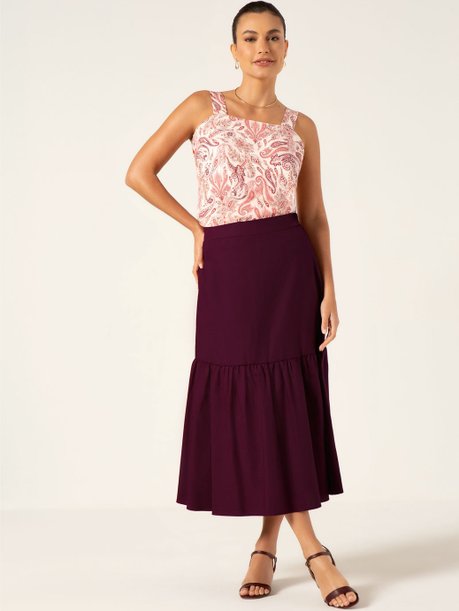 Saia Maxi Longuete em Tricoline Vinho Kauane