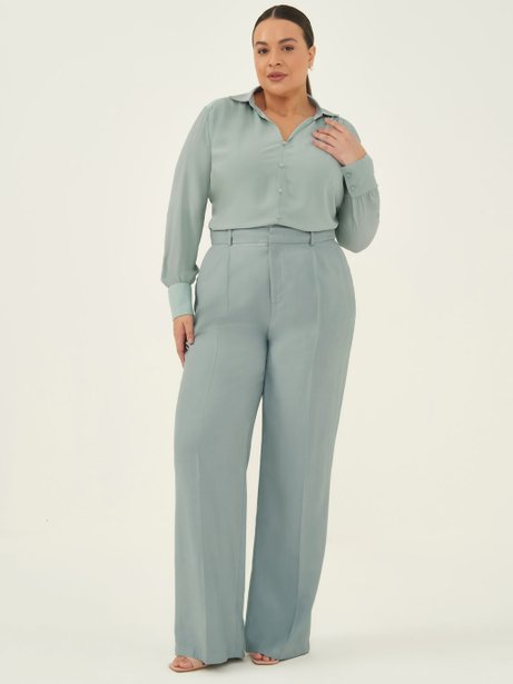Calça Wide Leg em Alfaiataria de Viscose Verde água Silvana