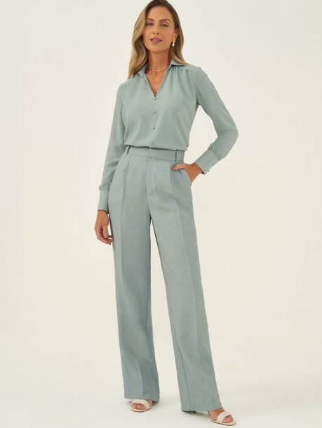 Calça Wide Leg de Alfaiataria em Viscose Verde Água Silvana