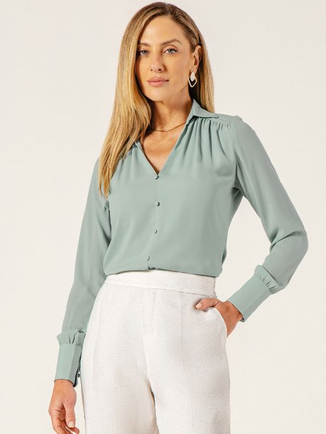 Blusa Manga Longa em Crepe Verde Água Suyane