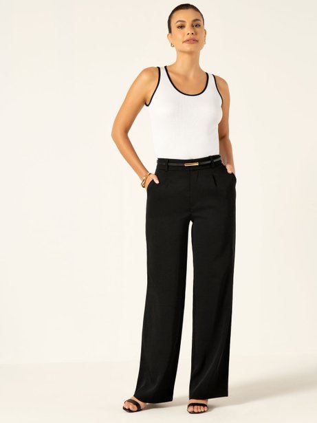 Calça Wide Leg de Alfaiataria em Viscose Preto Natiele