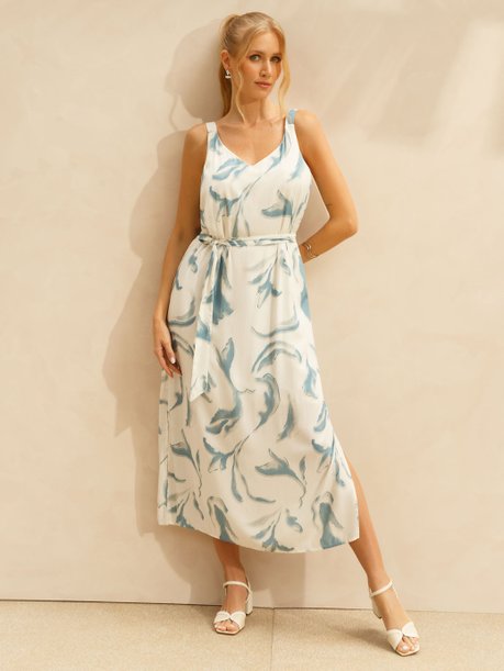 Vestido com Alças Longuete em Viscose Estampada Mirela