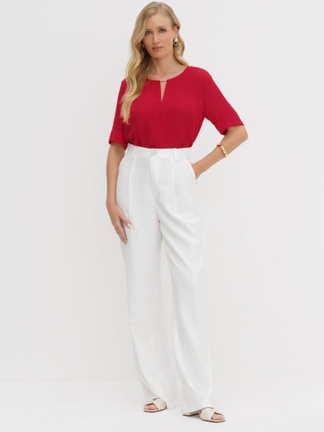 Calça Wide Leg Off White com Vinco Jenny