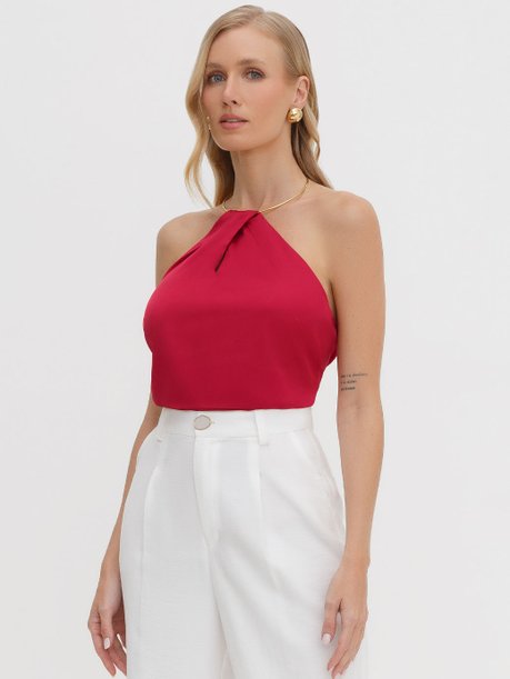 Blusa Cava Americana em Cetim Vermelha Raiana