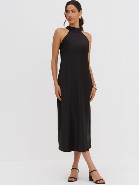 Vestido Gola Alta com Amarração Preto Indira