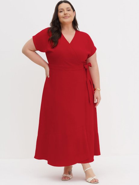 Vestido Longuete Manga Curta Plus Size Vermelho Noelia