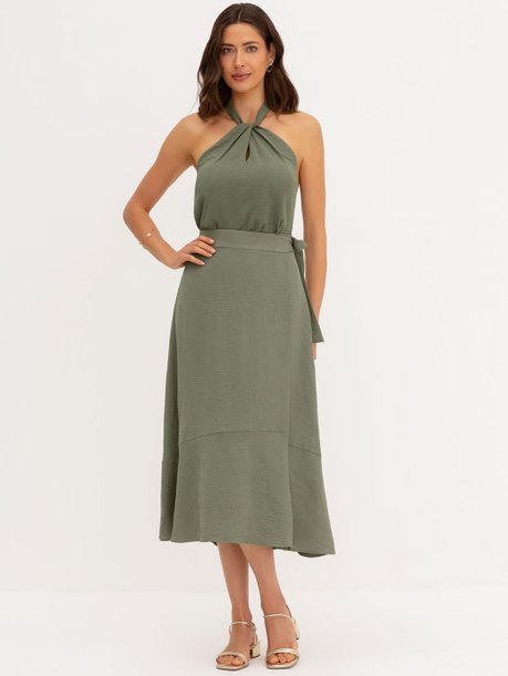 Saia Transpassada Longuete em Crepe Verde Oliva Quesia