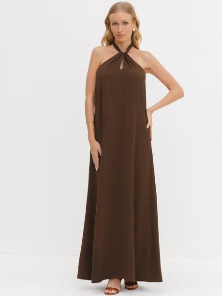 Vestido Frente Única Longo em Crepe Marrom Patrizia