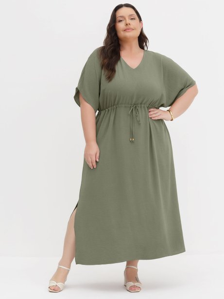 Kaftan Maxi Longuete em Crepe Plus Size Verde Oliva Pilar