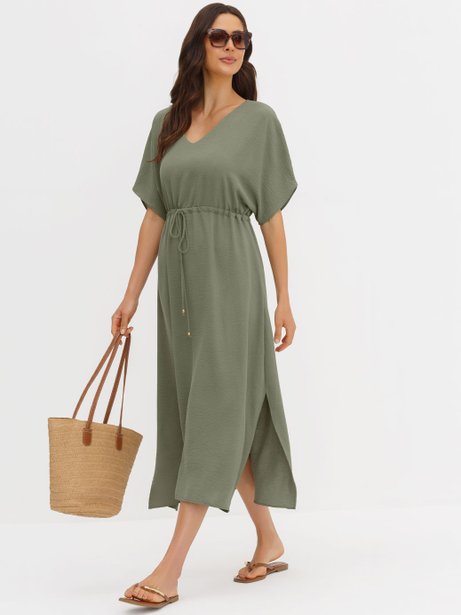 Kaftan Maxi Longuete em Crepe Verde Oliva Pilar
