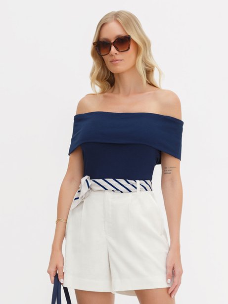 Blusa Ombro a Ombro de Malha Canelada Marinho Gracy