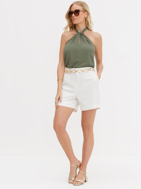 Bermuda Alfaiataria Clássico em Linho Off White Poliana