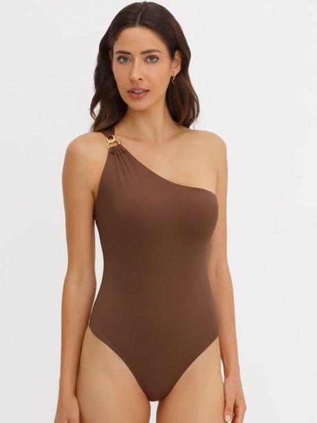 Body Maiô um ombro só em malha marrom Mari