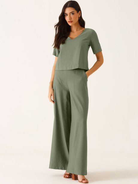Calça Alfaiataria Pantalona em Viscose Verde Oliva Salete