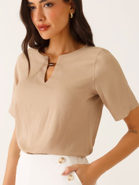 Blusa Decote V em Viscose Bege Rosemary