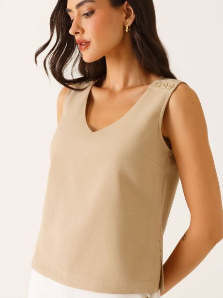 Blusa sem Manga Decote V em Viscose Amêndoa Hanya