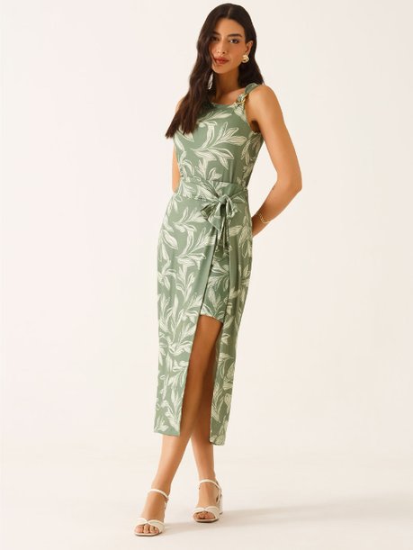 Saia Longuete em Malha Estampada Verde Oliva Raquely