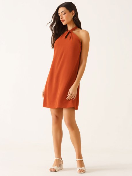 Vestido Frente Única Clássico em Crepe Terracota Rosalina