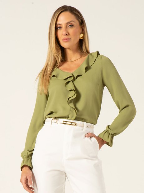 Blusa Manga Longa com Babados Verde Licia