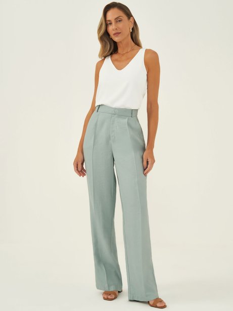 Calça Wide Leg em Alfaiataria de Viscose Verde água Silvana