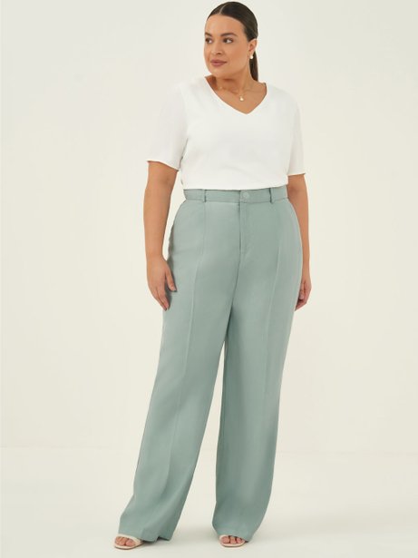 Calça Wide Leg em Alfaiataria de Viscose Verde água Silvana