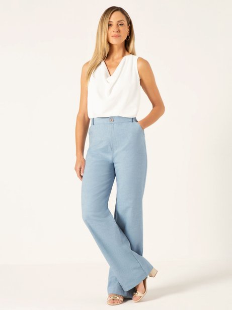 Calça Wide Leg em Oxford de Algodão Azul Claro Jordane