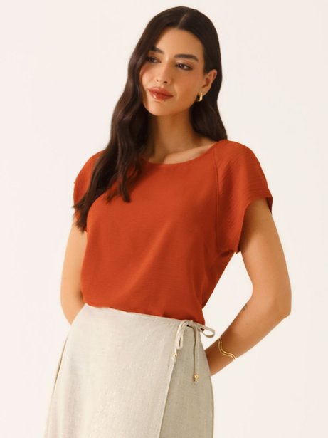Blusa Manga Curta Decote Redondo em Crepe Terracota Rosane