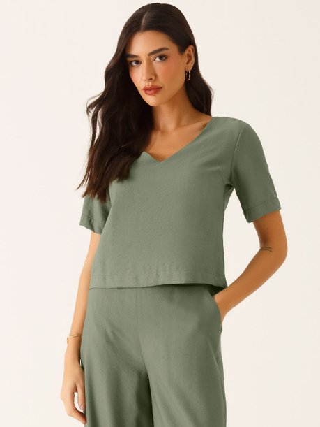 Blusa Decote V em Viscose Verde Oliva Rafaella