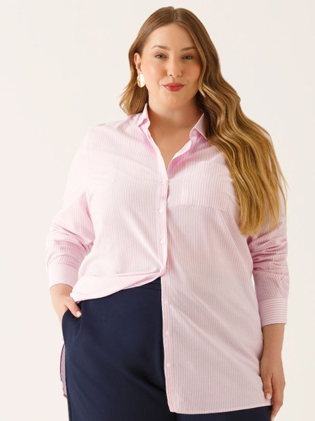 Camisa Oversized Tricoline Plus Size Listrada Elora