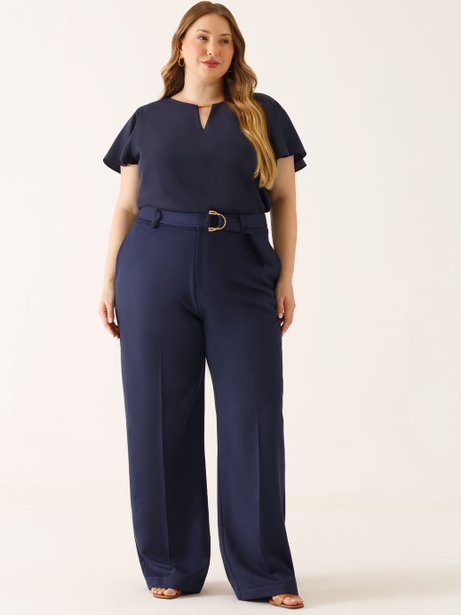 Calça Wide Leg  de Alfaiataria Plus Size Marinho Índigo Cora