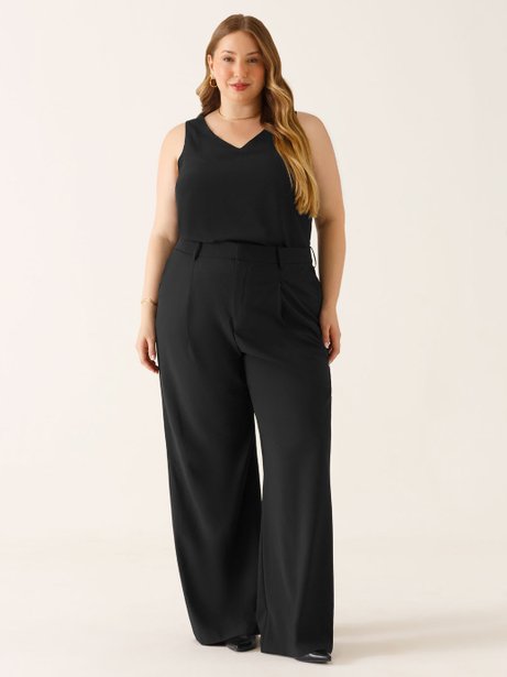 Calça Wide Leg de Alfaiataria Plus Size Preta Evelyn
