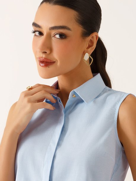 Camisa Sem Magas em Tricoline Listrado Azul Claro Tônia