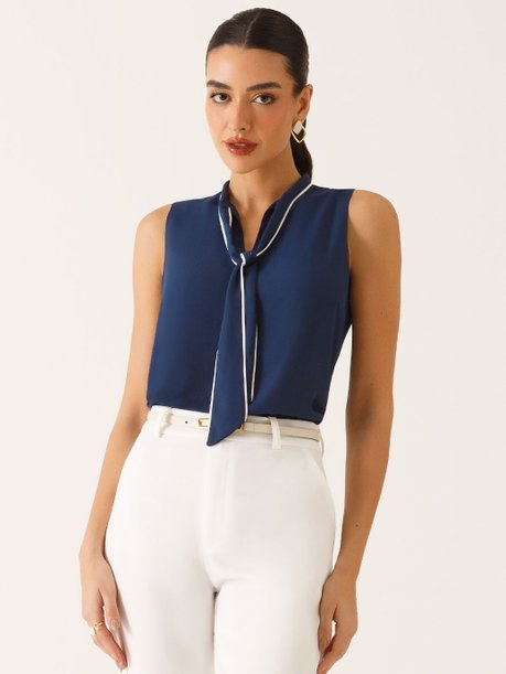 Blusa sem Mangas Gola Alta em Crepe Marinho Lourdes