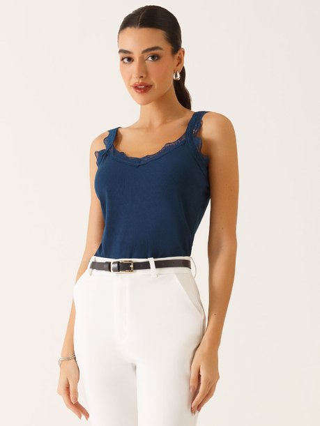 Regata Alças com Renda em Viscose Canelada Marinho Ticiana