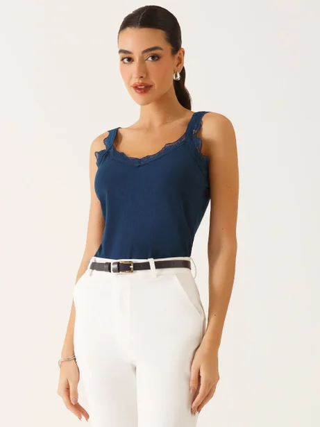 Regata Alças com Renda em Viscose Canelada Marinho Ticiana