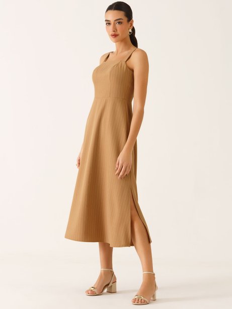 Vestido Alfaiataria Midi em Viscose Listrada Camel Tricia