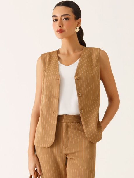 Colete Alfaiataria Alongado em Viscose Listrada Camel Tina