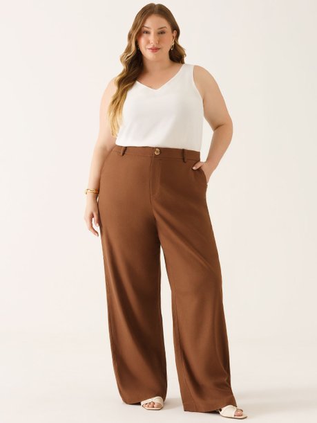 Calça Wide Leg de Linho Plus Size Marrom Naiane