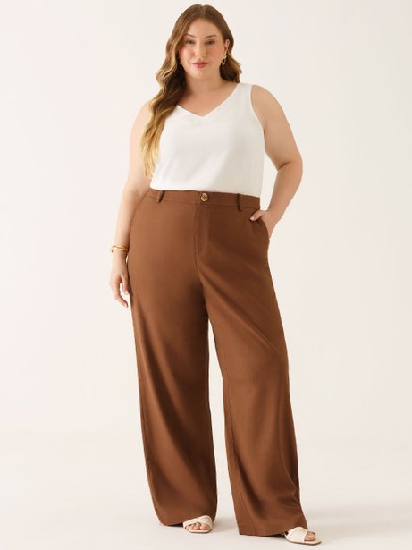 Calça Wide Leg de Linho Plus Size Marrom Naiane