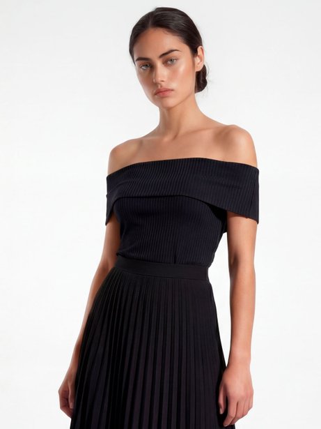 Blusa Ombro a Ombro de Malha Canelada Preto Graciany