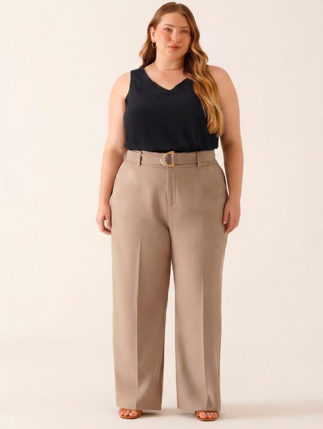 Calça Wide Leg de Alfaiataria Plus Size  Mocha Mousse Lorde